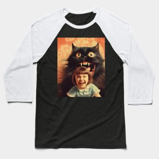 Vintage Little Girl and Creepy Cat - Enchanting Retro Art Baseball T-Shirt